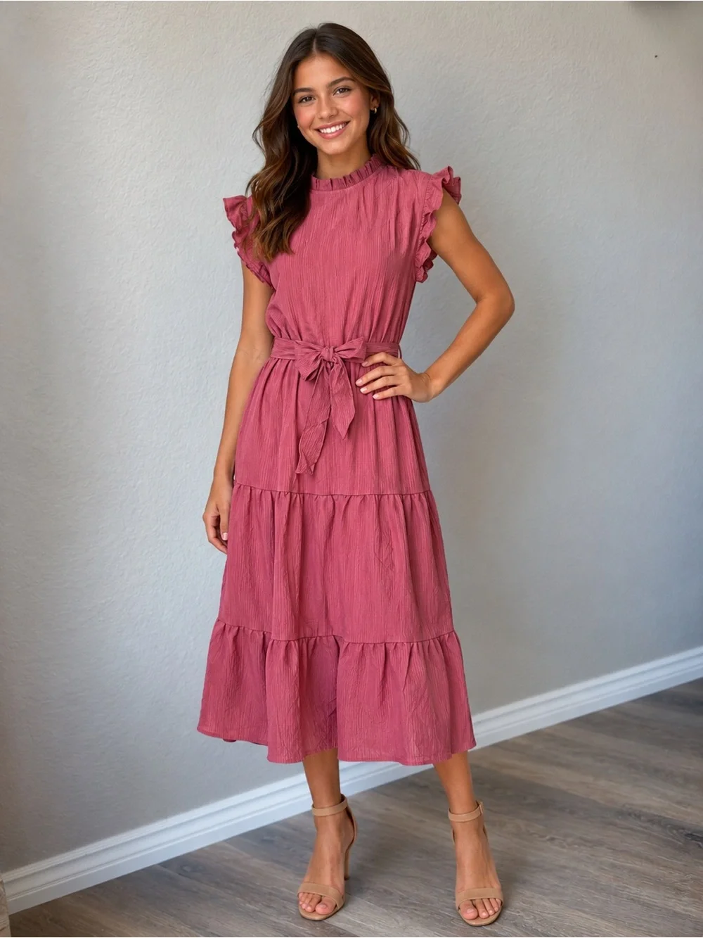 NWT Teen Ruffled Cap-Sleeve Tie-Waist Midi Dress in Rose, 14-15Y